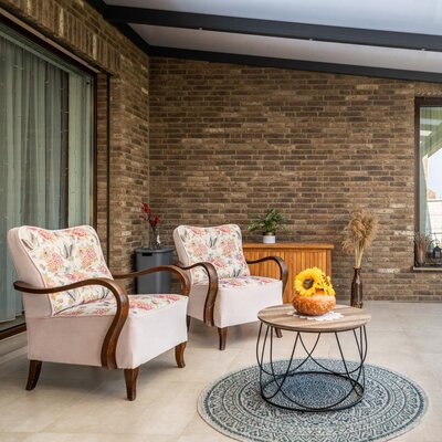 Tehlový obklad WS Sepia na fasáde rodinného domu, zimná terasa